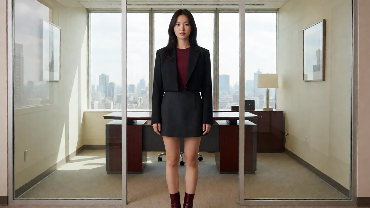 深色西装外套与酒红内搭的成年女郎站在玻璃办公室